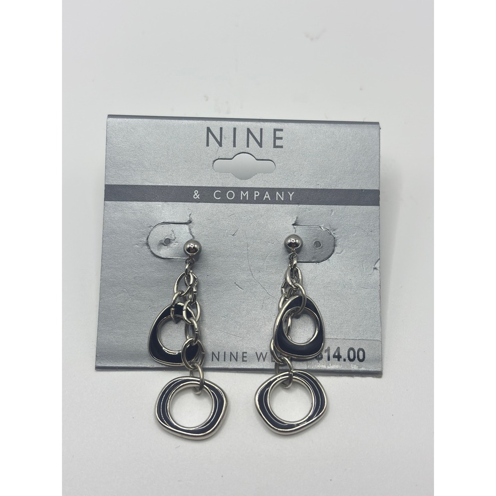 Nine & Company Nine West Silver Tone Black Enamel Geometric Drop Earrings NWT